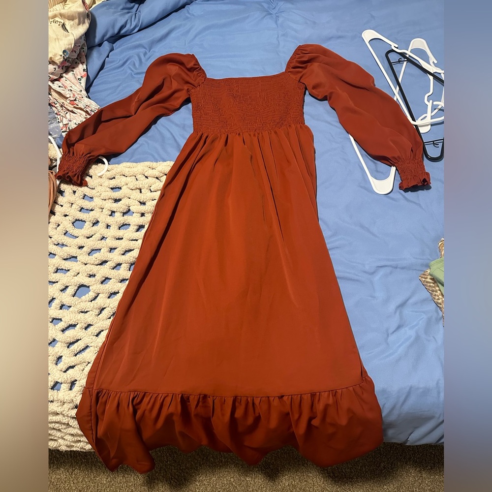 Burnt orange silk midi dress!